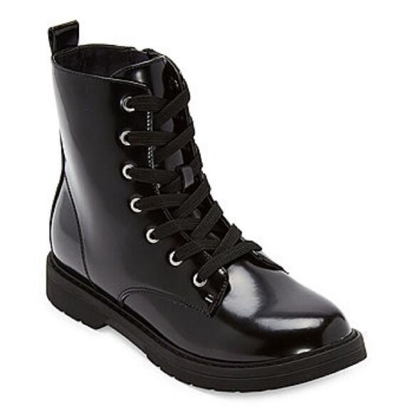 Thereabouts Girls Reese Combat Boots faux Leather glossy Lace Up zipper side 3 - Picture 1 of 10